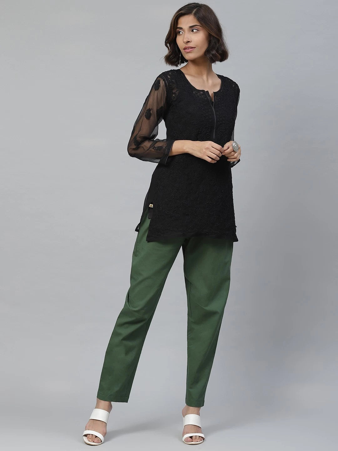 Ada Hand Embroidered Black Faux Georgette Lucknowi Chikankari Straight Kurti With Slip A211628