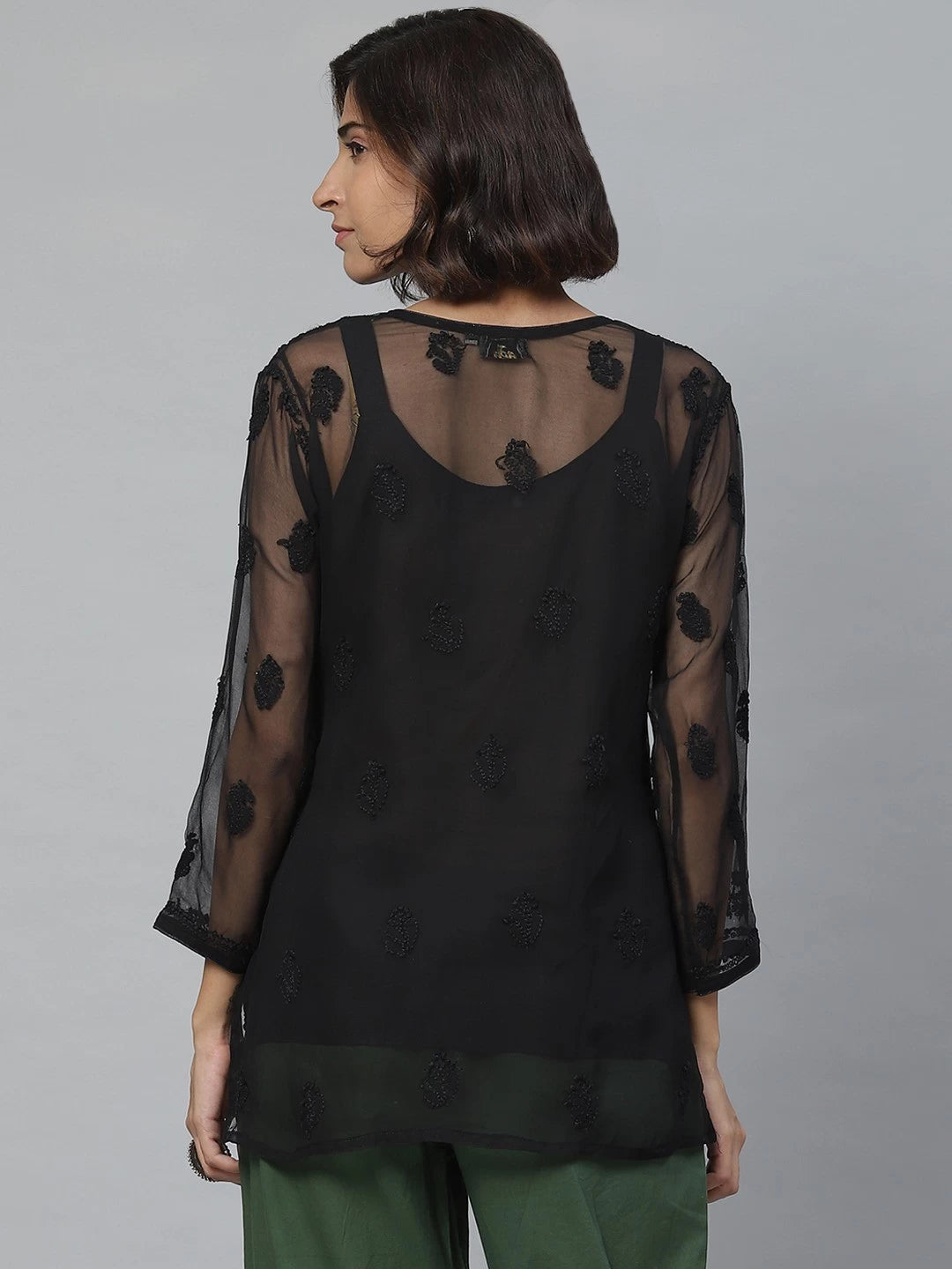 Ada Hand Embroidered Black Faux Georgette Lucknowi Chikankari Straight Kurti With Slip A211628