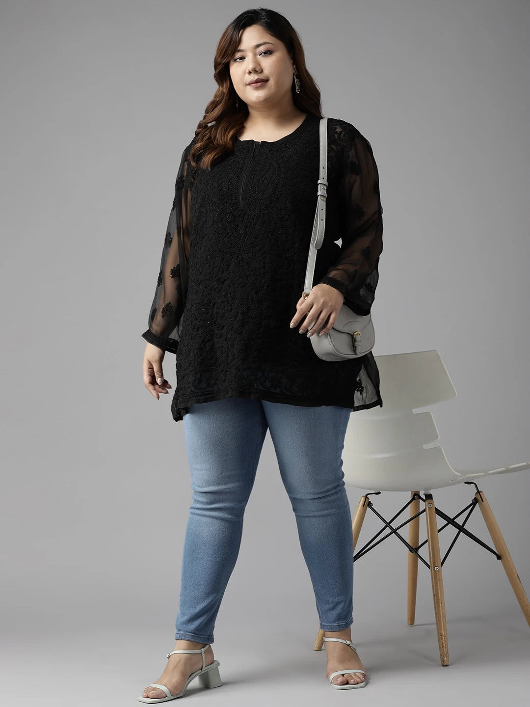 Ada Hand Embroidered Black Faux Georgette Lucknowi Chikankari Straight Kurti With Slip A211628