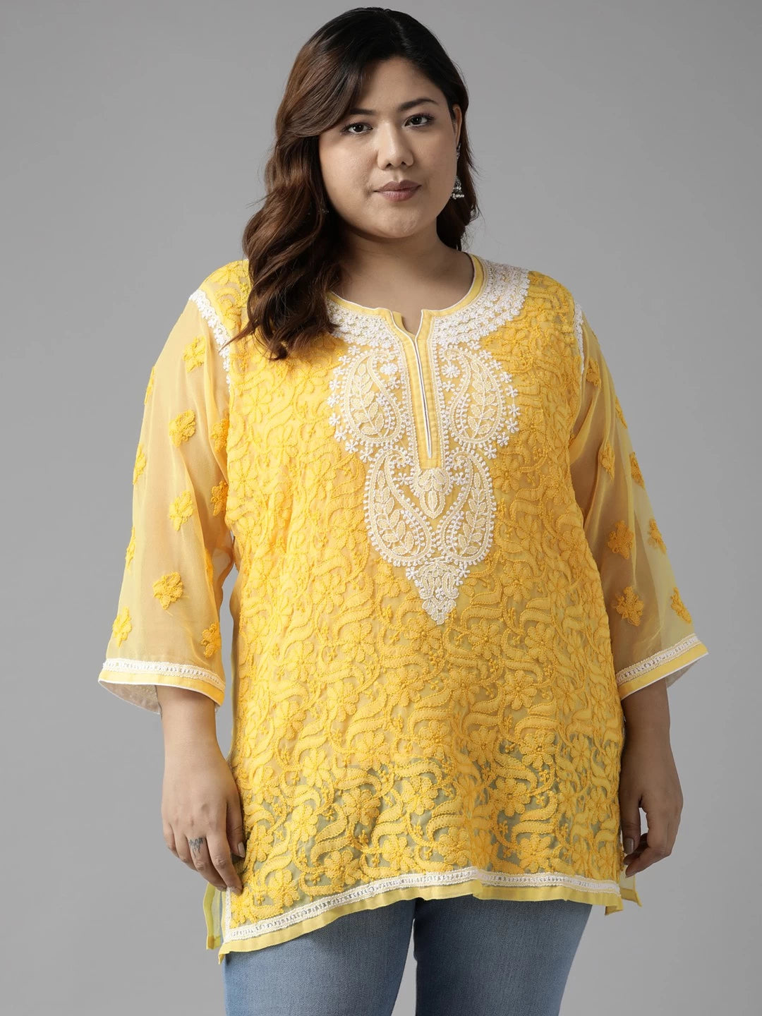 Ada Hand Embroidered Yellow Georgette Lucknowi Chikankari Kurti With Slip A211748
