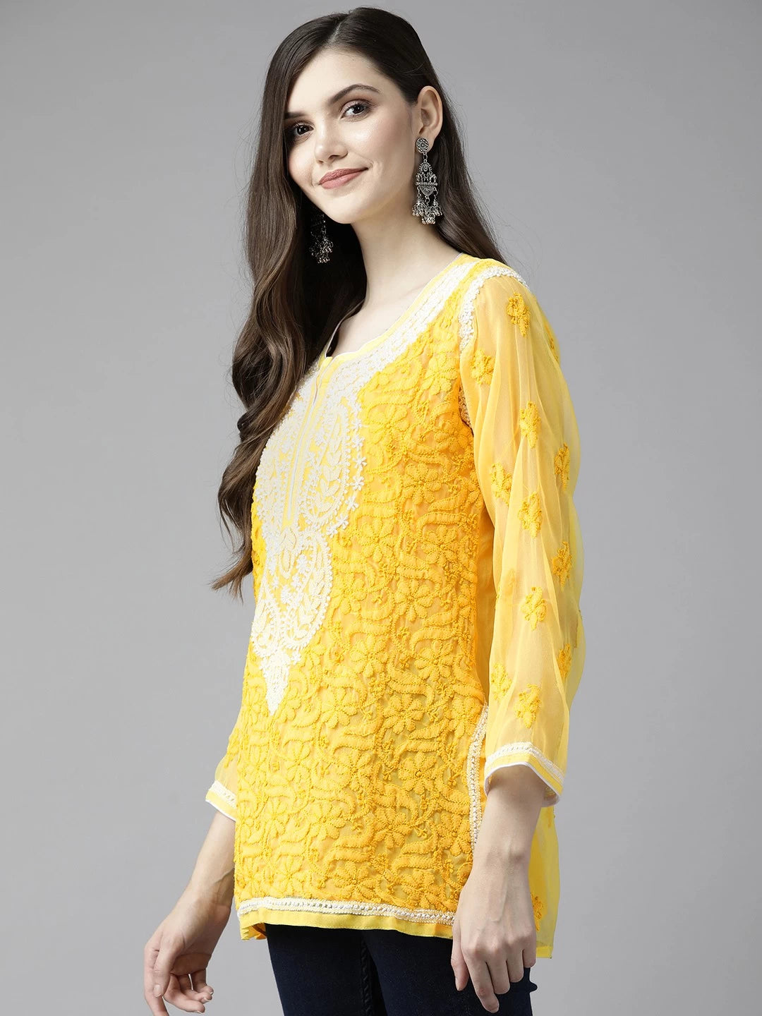 Ada Hand Embroidered Yellow Georgette Lucknowi Chikankari Kurti With Slip A211748