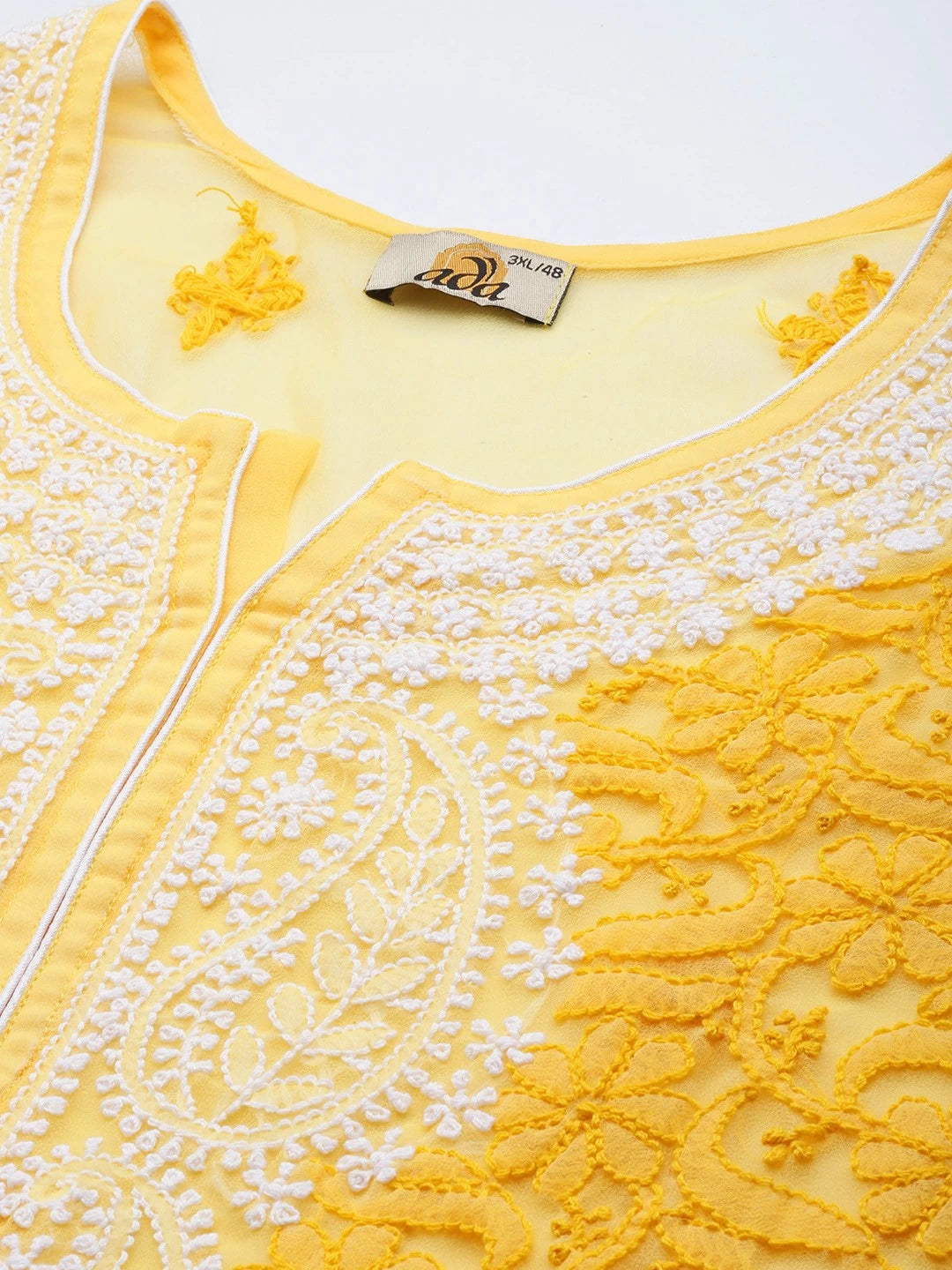 Ada Hand Embroidered Yellow Georgette Lucknowi Chikankari Kurti With Slip A211748