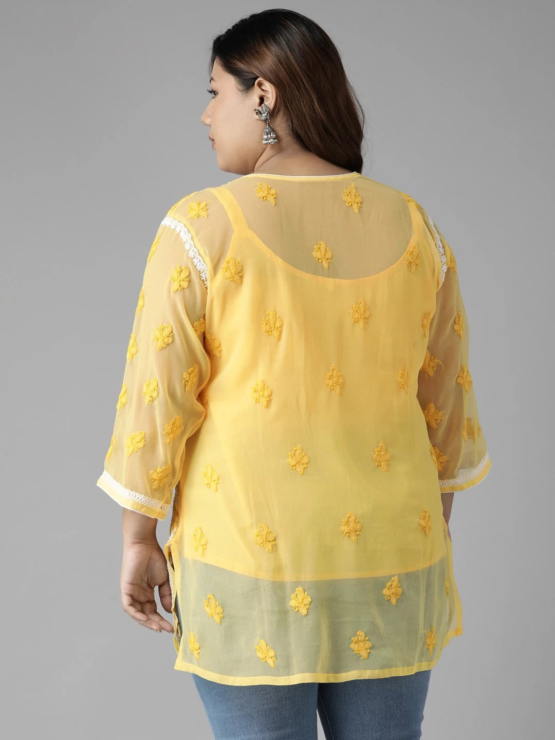 Ada Hand Embroidered Yellow Georgette Lucknowi Chikankari Kurti With Slip A211748