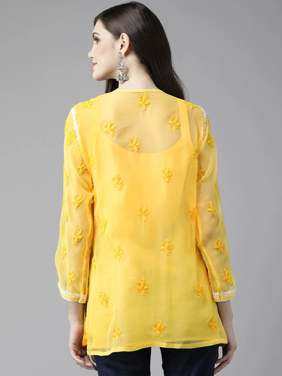 Ada Hand Embroidered Yellow Georgette Lucknowi Chikankari Kurti With Slip A211748