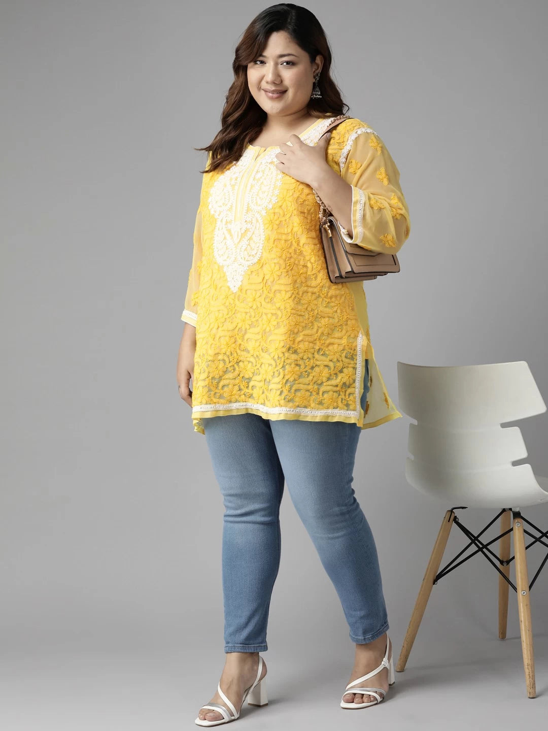 Ada Hand Embroidered Yellow Georgette Lucknowi Chikankari Kurti With Slip A211748
