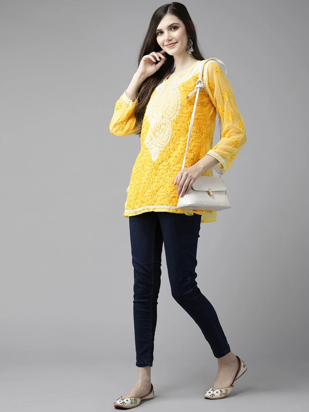Ada Hand Embroidered Yellow Georgette Lucknowi Chikankari Kurti With Slip A211748
