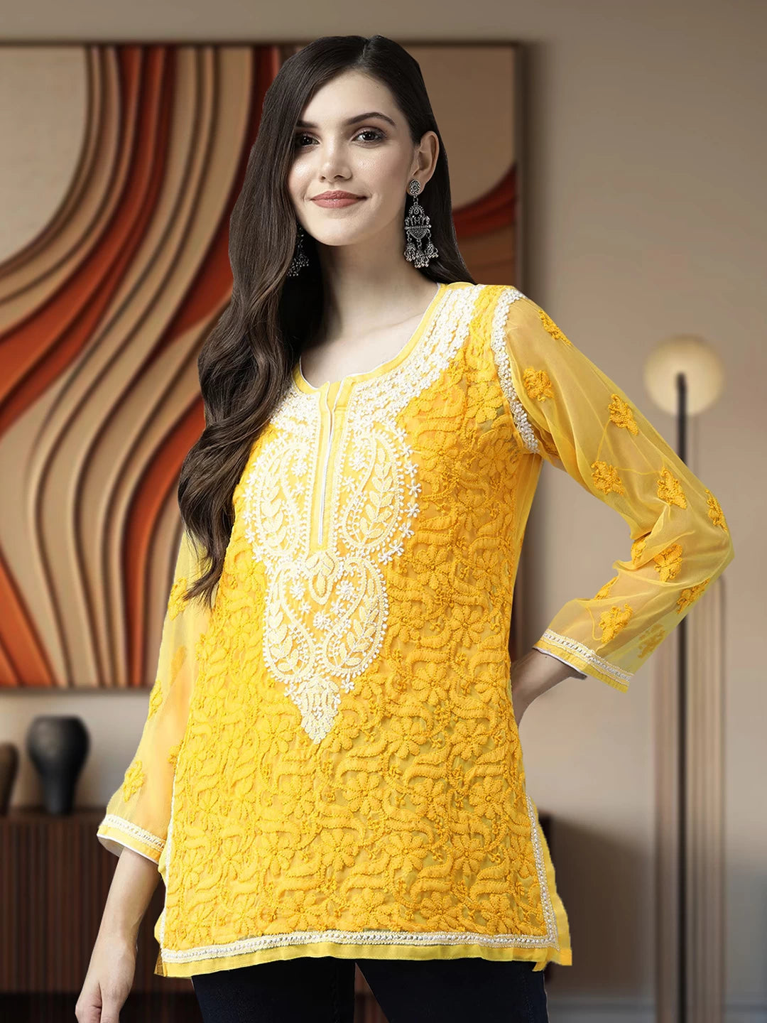 Ada Hand Embroidered Yellow Georgette Lucknowi Chikankari Kurti With Slip A211748