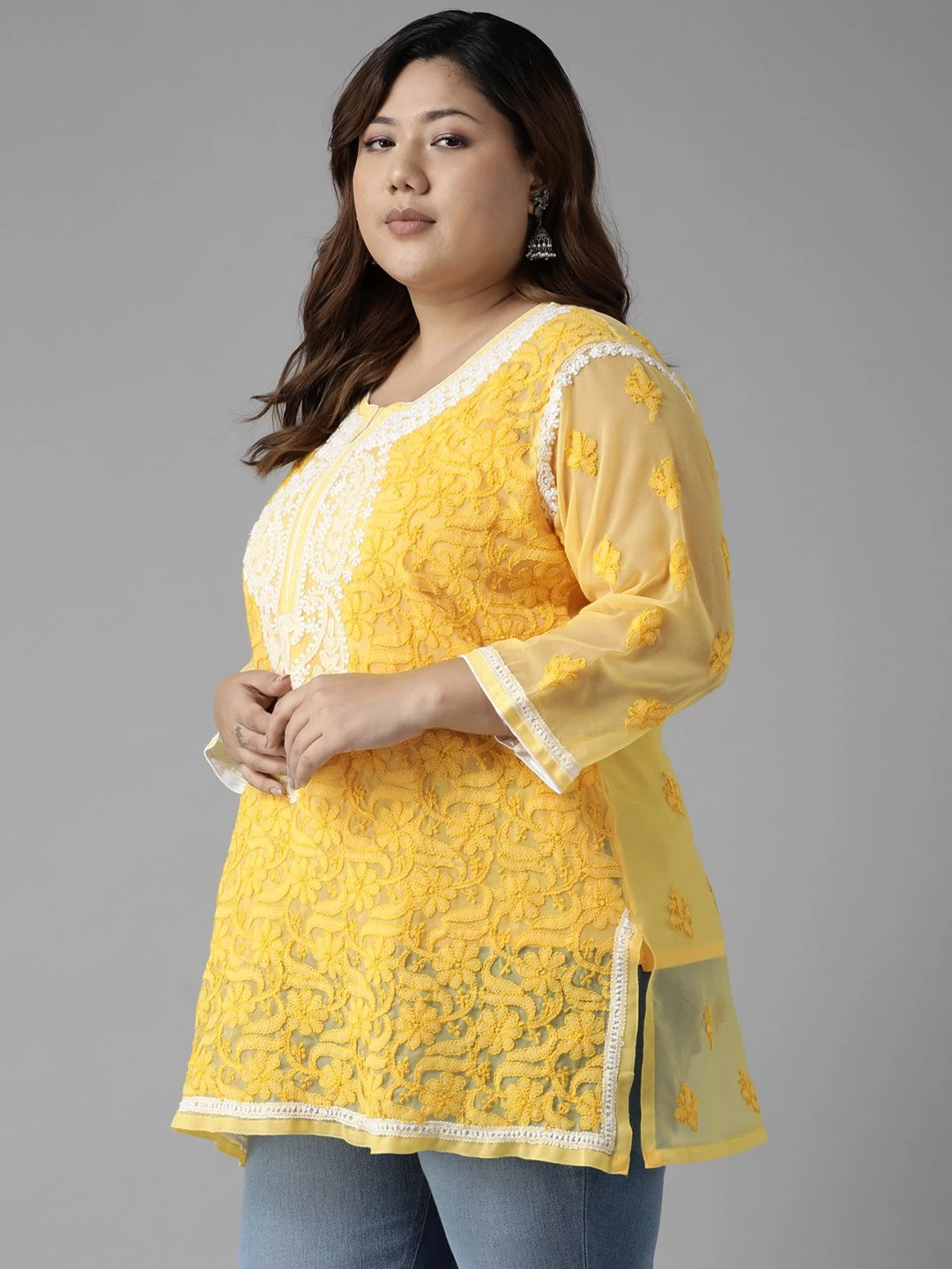 Ada Hand Embroidered Yellow Georgette Lucknowi Chikankari Kurti With Slip A211748