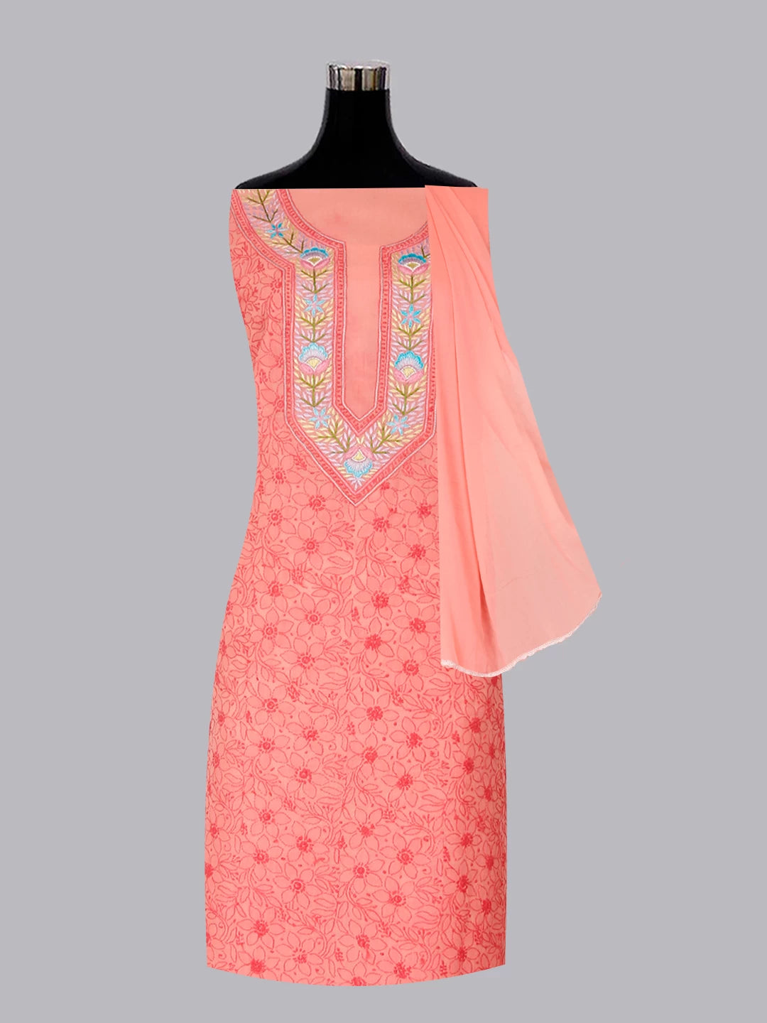 Ada Hand Embroidered Carrot PinkCotton Lucknowi Chikankari Unstitched Suit Piece With Parsi Work 01A474405