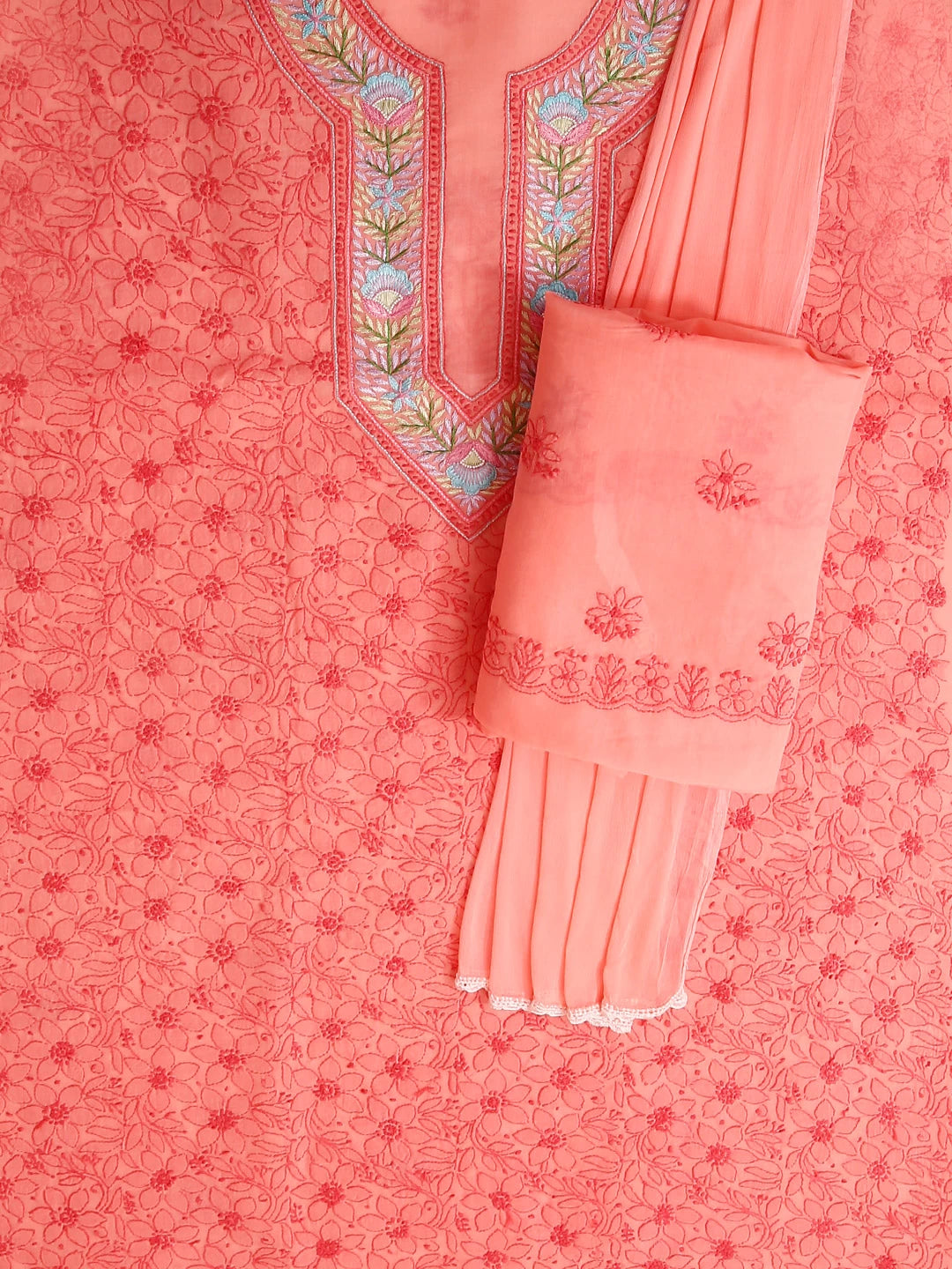 Ada Hand Embroidered Carrot PinkCotton Lucknowi Chikankari Unstitched Suit Piece With Parsi Work 01A474405
