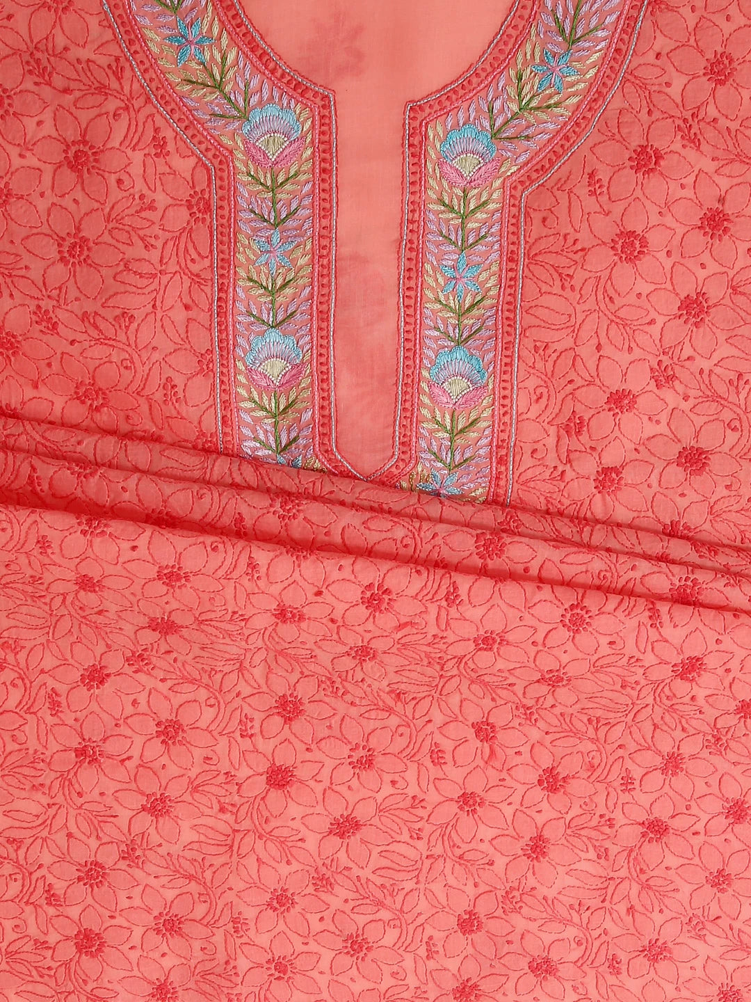 Ada Hand Embroidered Carrot PinkCotton Lucknowi Chikankari Unstitched Suit Piece With Parsi Work 01A474405