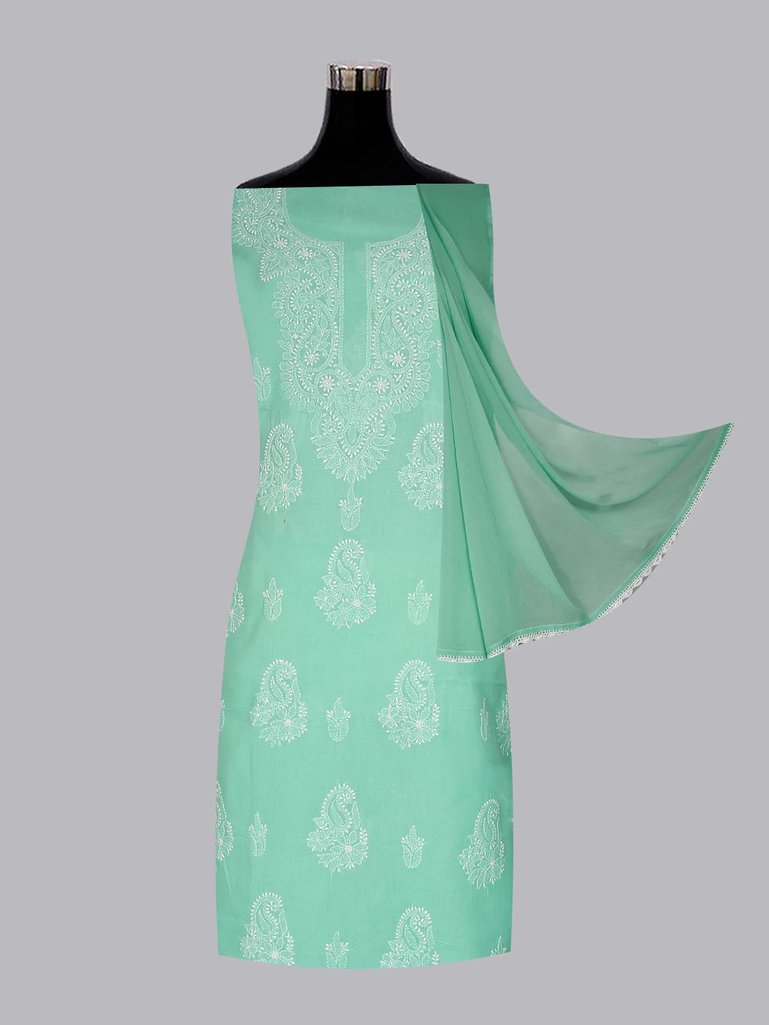 Ada Hand Embroidered Sea Green Cotton Lucknowi Chikankari Unstitched Suit Piece 01A398374