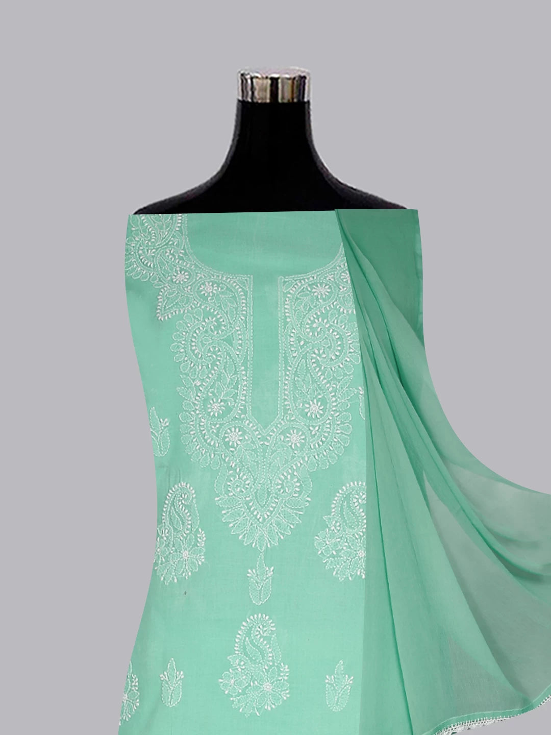 Ada Hand Embroidered Sea Green Cotton Lucknowi Chikankari Unstitched Suit Piece 01A398374