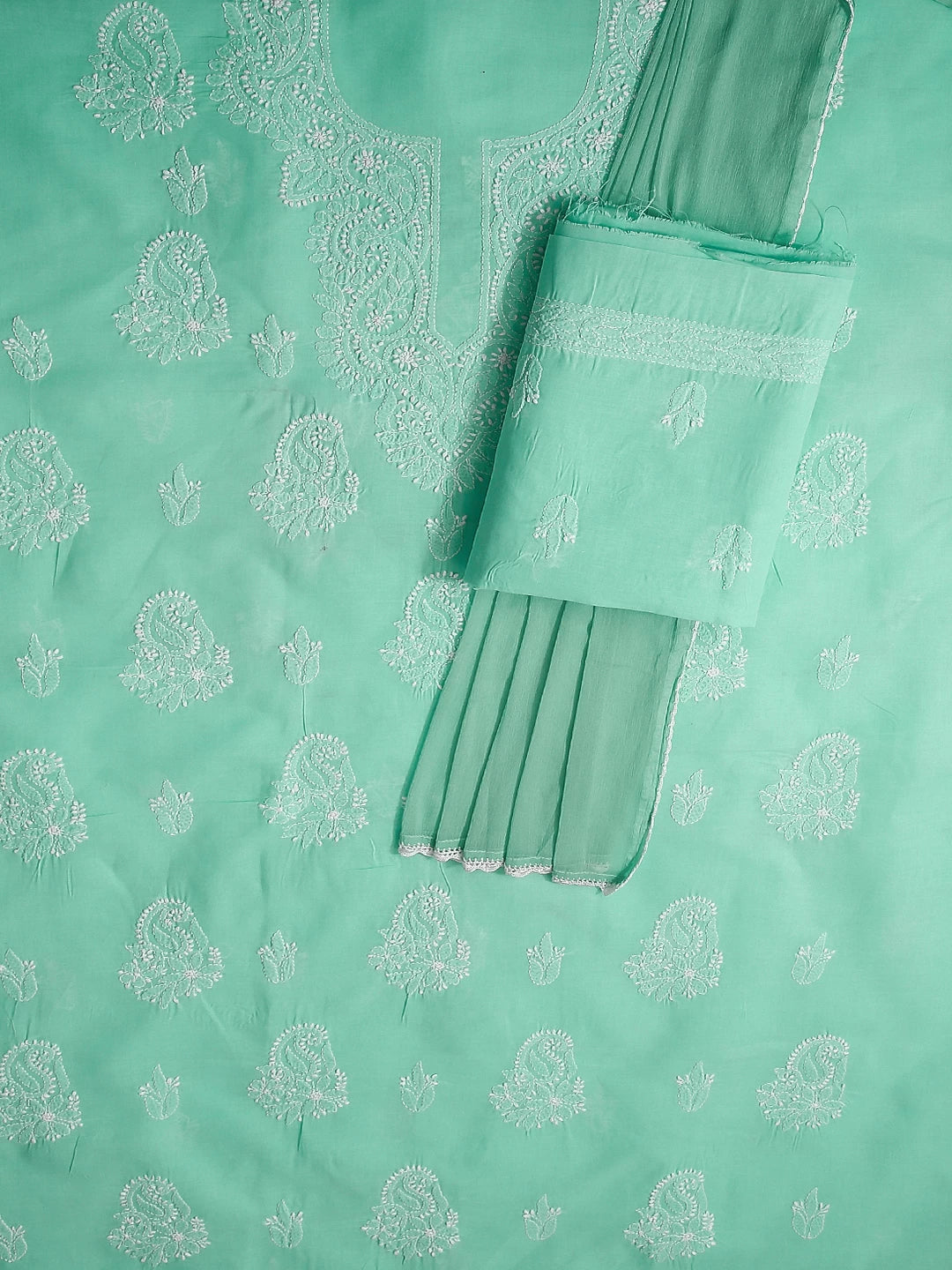 Ada Hand Embroidered Sea Green Cotton Lucknowi Chikankari Unstitched Suit Piece 01A398374