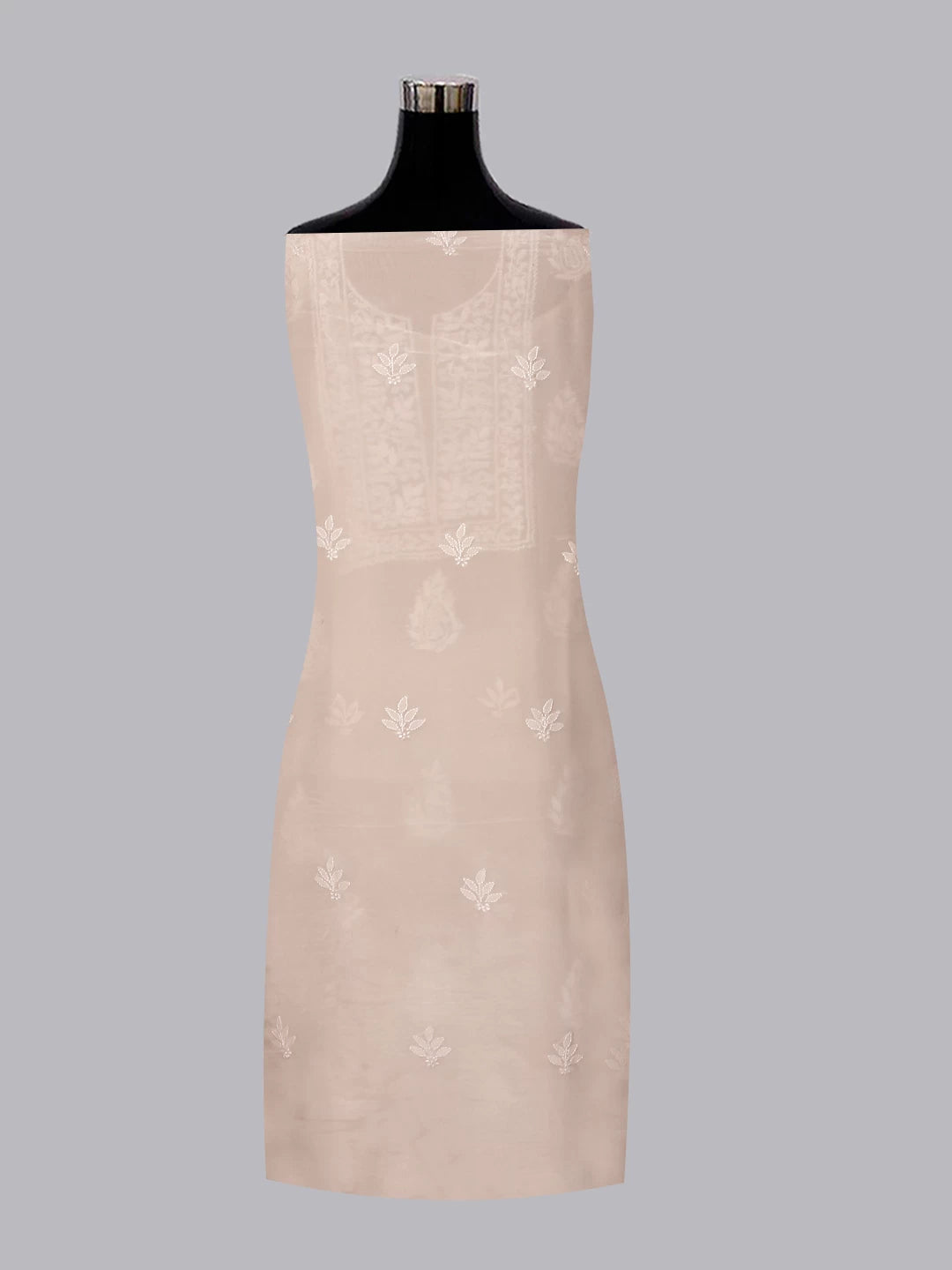 Ada Hand Embroidered Natural Fawn Tissue Lucknowi Chikankari Unstitched Kurta Dupatta Set 01A471353
