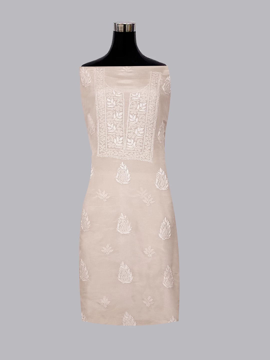 Ada Hand Embroidered Natural Fawn Tissue Lucknowi Chikankari Unstitched Kurta Dupatta Set 01A471353
