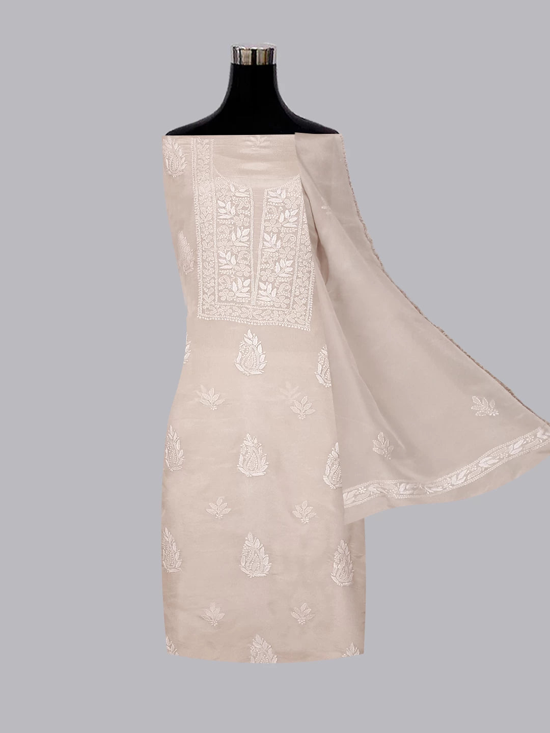 Ada Hand Embroidered Natural Fawn Tissue Lucknowi Chikankari Unstitched Kurta Dupatta Set 01A471353