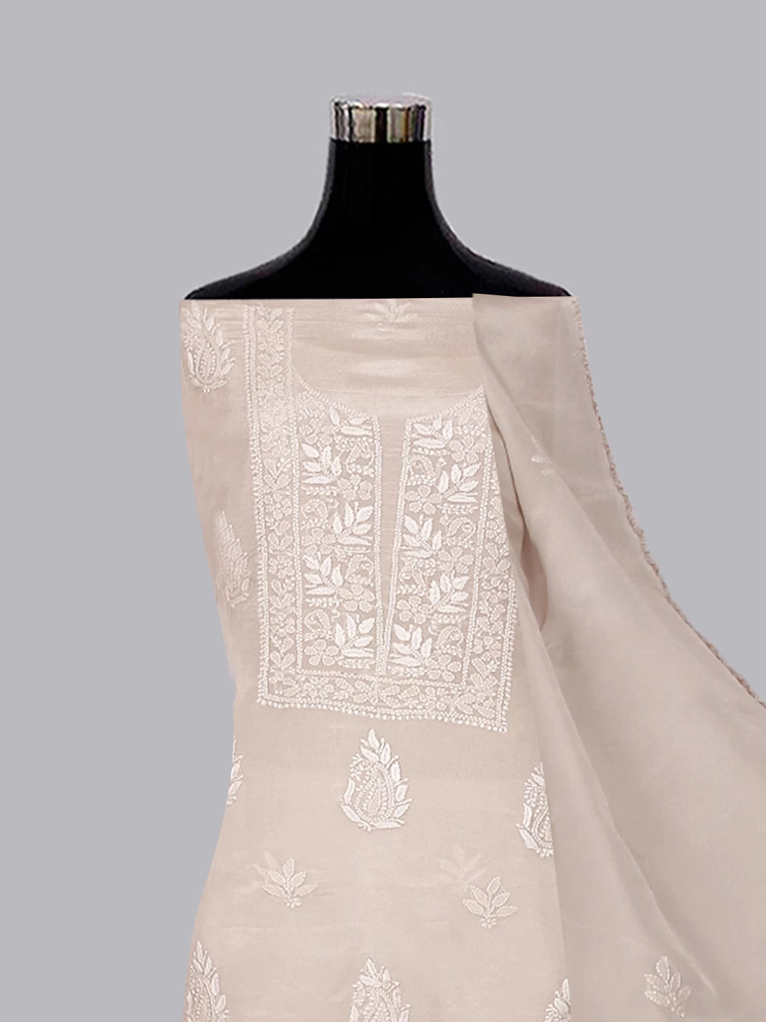 Ada Hand Embroidered Natural Fawn Tissue Lucknowi Chikankari Unstitched Kurta Dupatta Set 01A471353