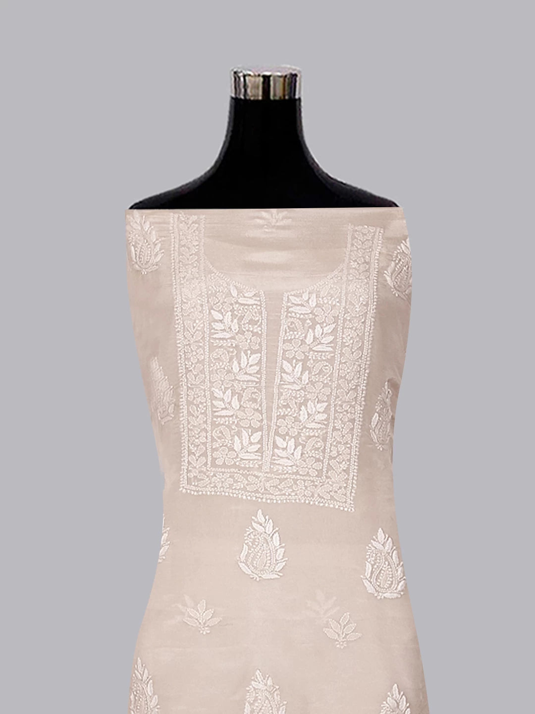 Ada Hand Embroidered Natural Fawn Tissue Lucknowi Chikankari Unstitched Kurta Dupatta Set 01A471353