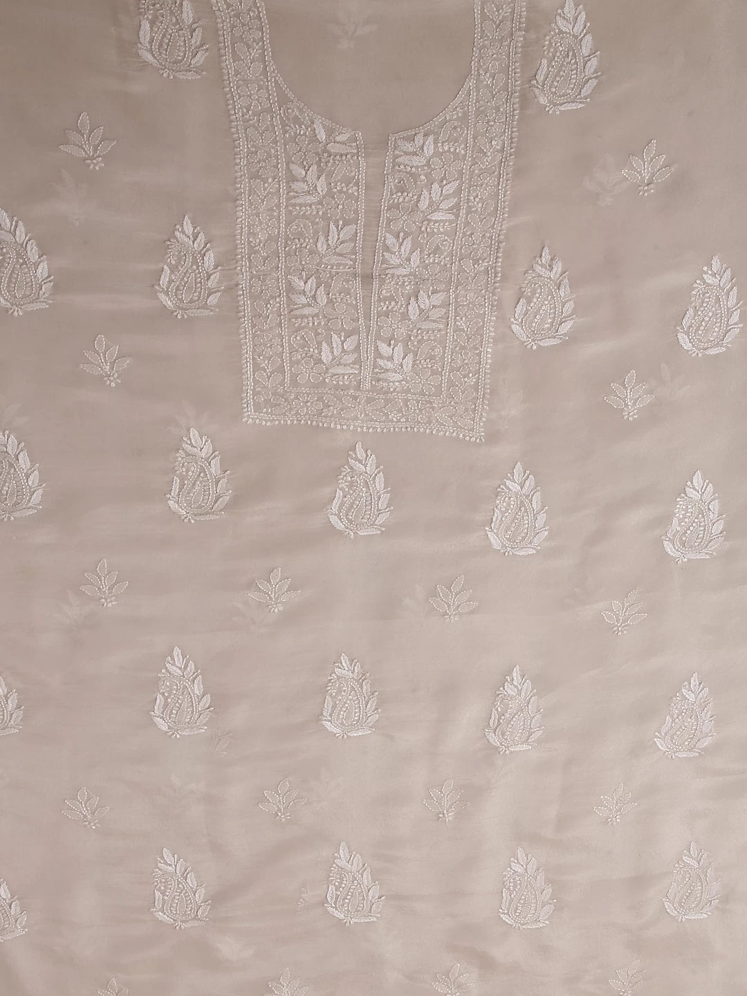 Ada Hand Embroidered Natural Fawn Tissue Lucknowi Chikankari Unstitched Kurta Dupatta Set 01A471353