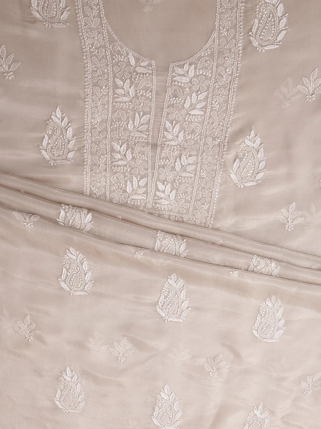 Ada Hand Embroidered Natural Fawn Tissue Lucknowi Chikankari Unstitched Kurta Dupatta Set 01A471353