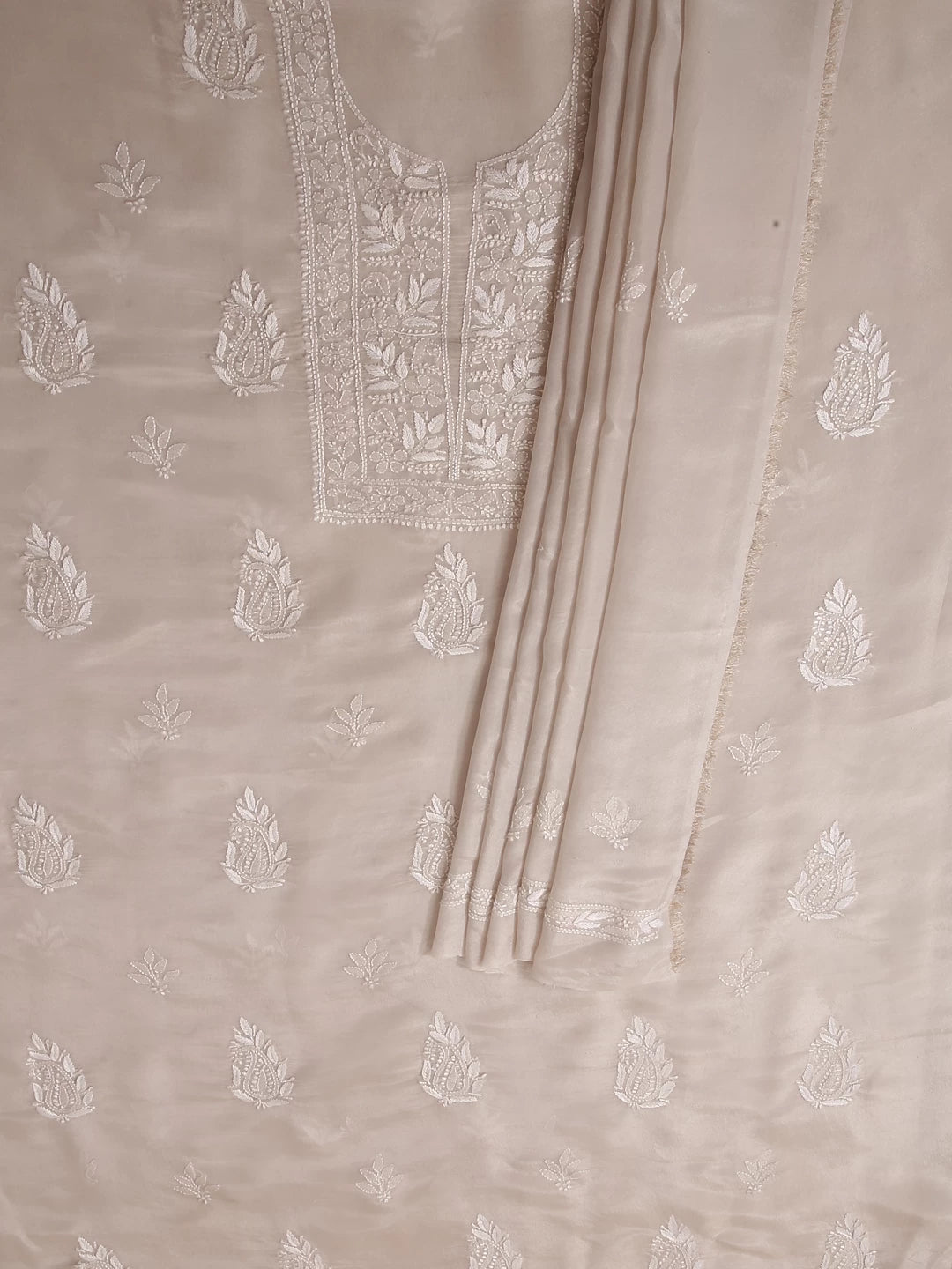 Ada Hand Embroidered Natural Fawn Tissue Lucknowi Chikankari Unstitched Kurta Dupatta Set 01A471353