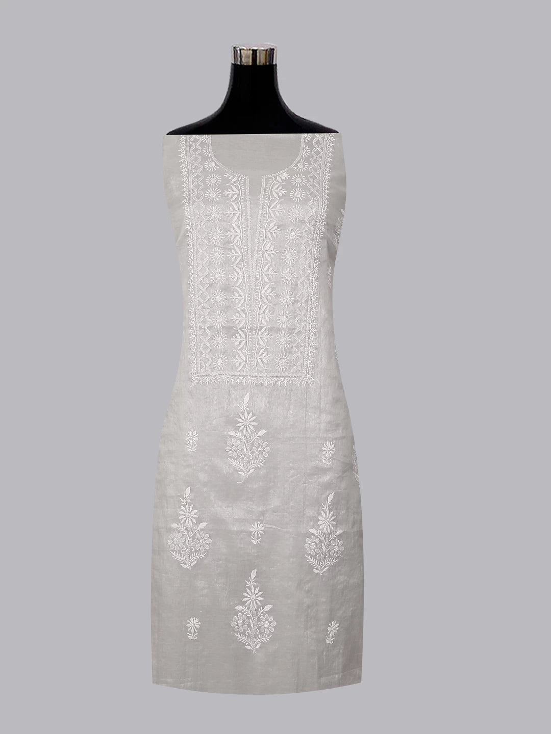 Ada Hand Embroidered Grey Tissue Lucknowi Chikankari Unstitched Kurta Dupatta Set 01A471446