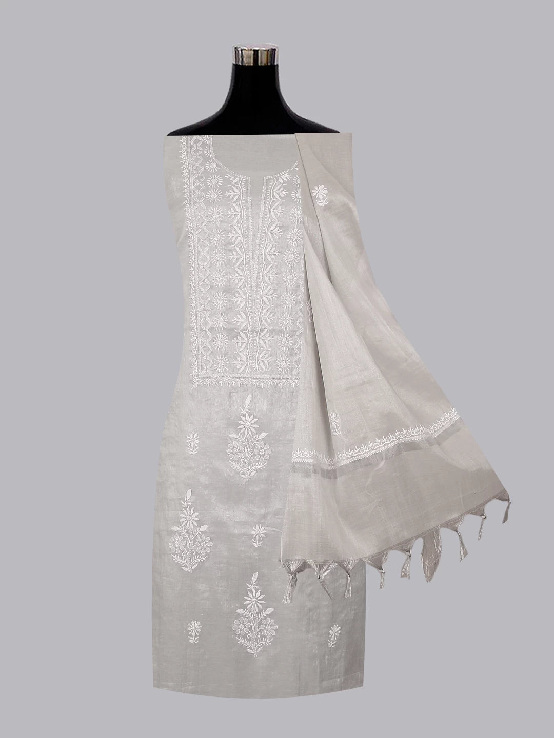 Ada Hand Embroidered Grey Tissue Lucknowi Chikankari Unstitched Kurta Dupatta Set 01A471446