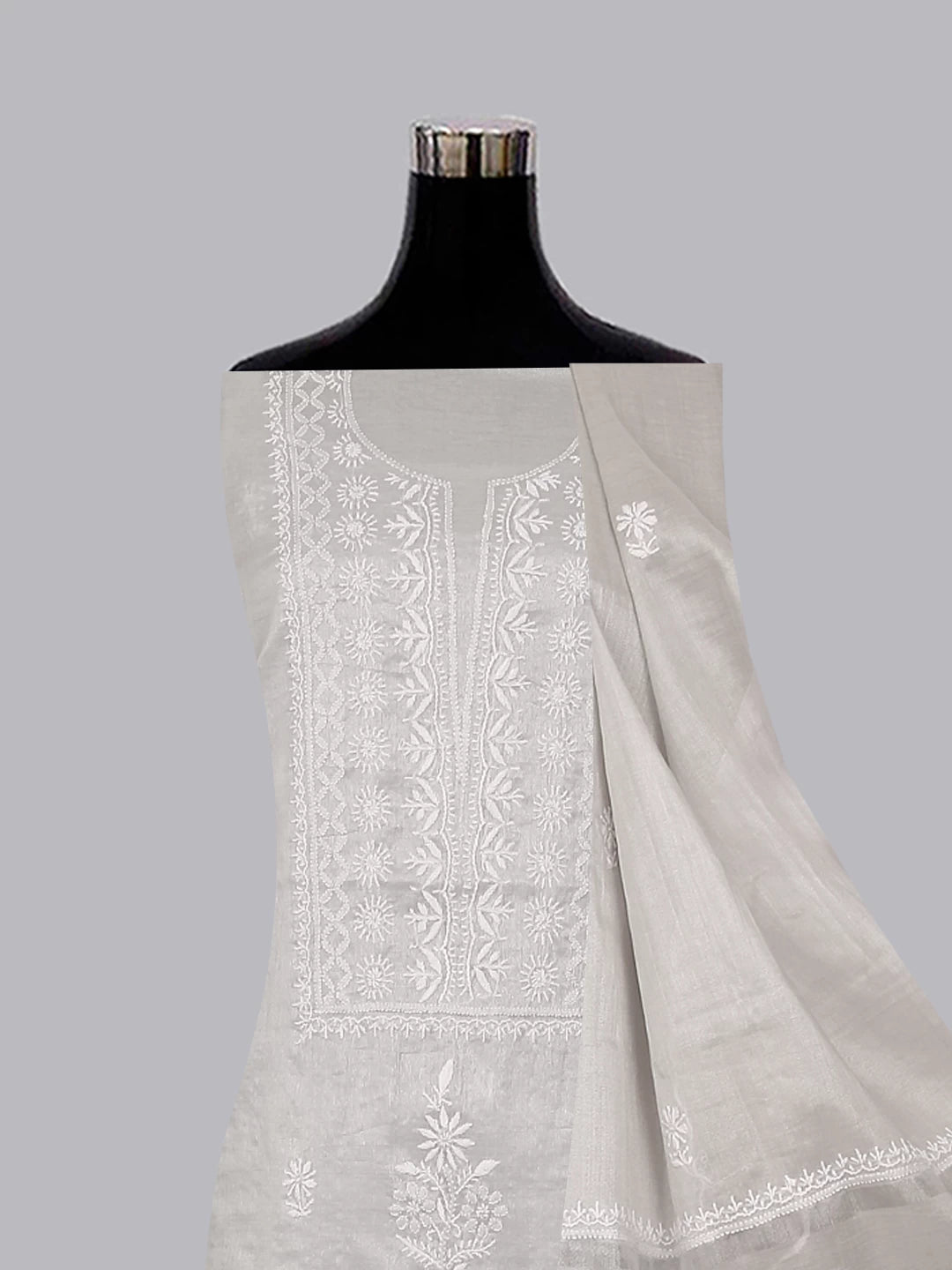 Ada Hand Embroidered Grey Tissue Lucknowi Chikankari Unstitched Kurta Dupatta Set 01A471446