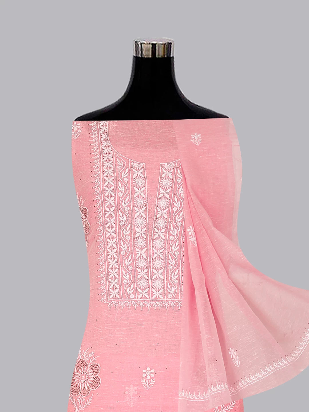 Ada Hand Embroidered Pink Chanderi Lucknowi Chikankari Unstitched Kurta Dupatta Set With Mukaish Work 01A464136