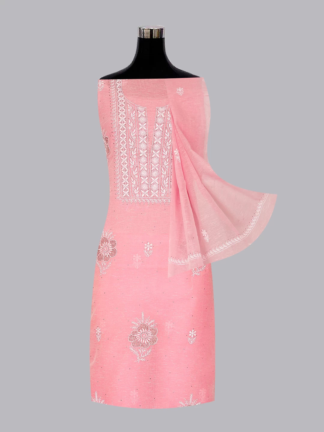 Ada Hand Embroidered Pink Chanderi Lucknowi Chikankari Unstitched Kurta Dupatta Set With Mukaish Work 01A464136
