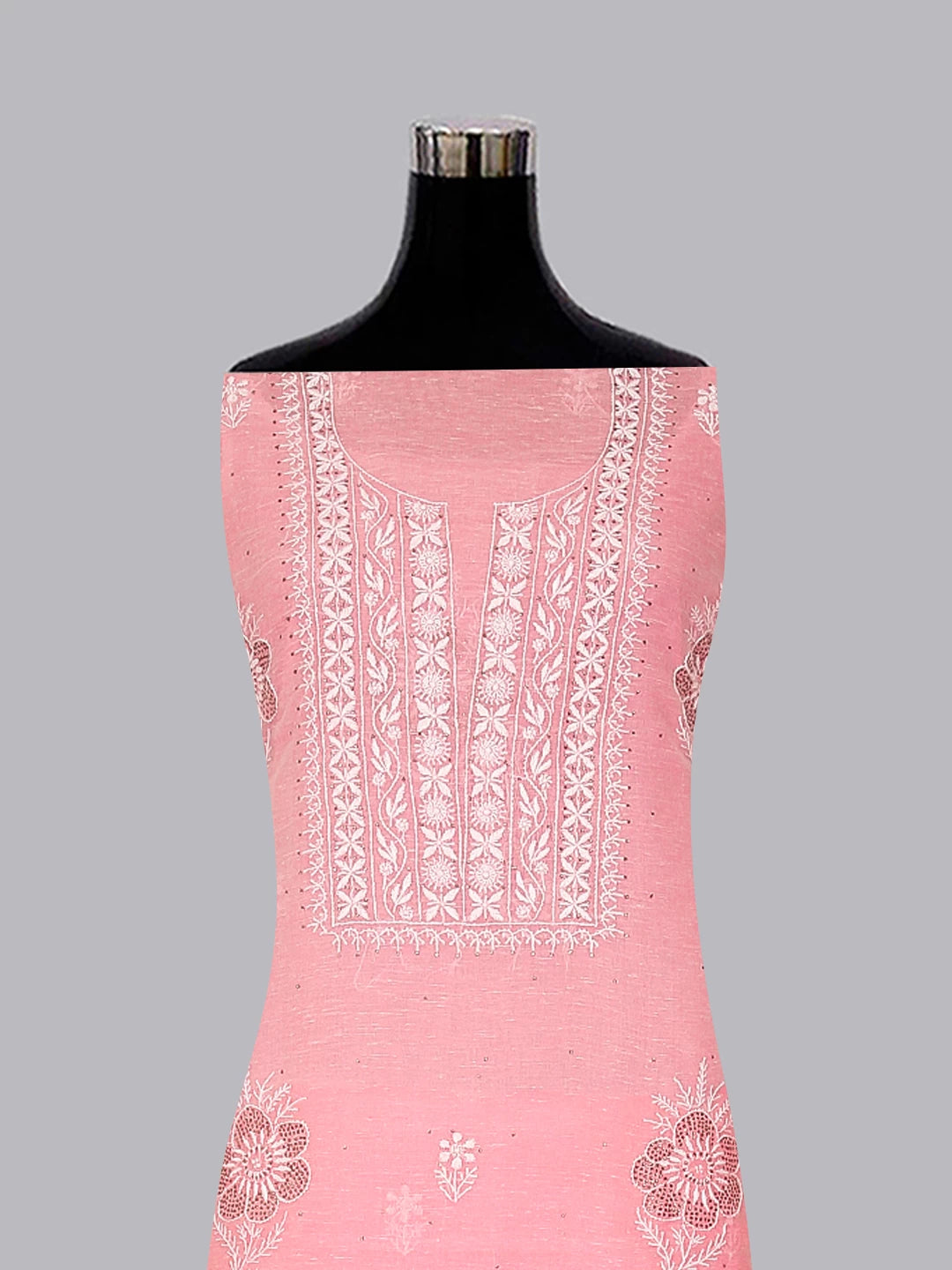 Ada Hand Embroidered Pink Chanderi Lucknowi Chikankari Unstitched Kurta Dupatta Set With Mukaish Work 01A464136