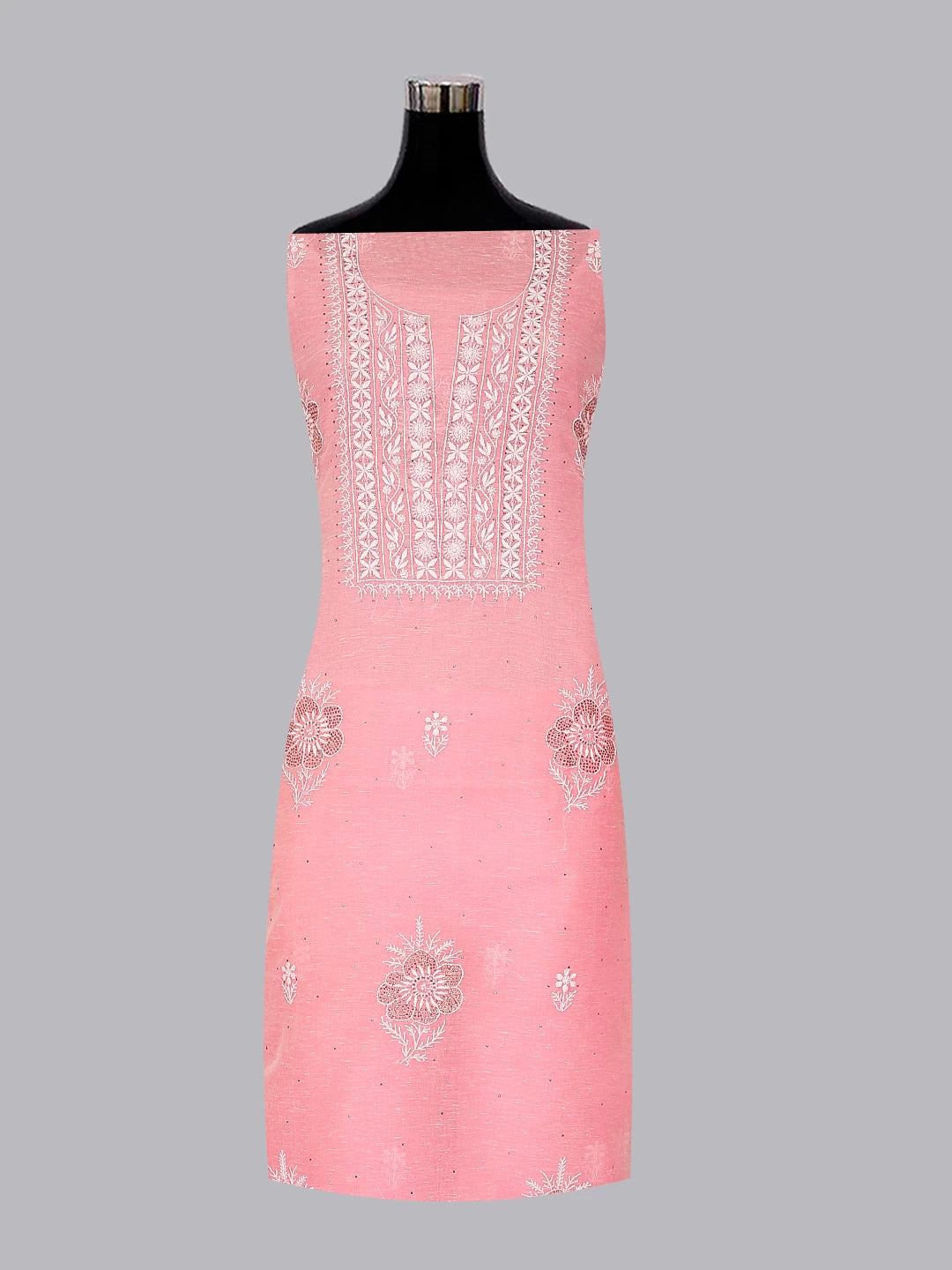 Ada Hand Embroidered Pink Chanderi Lucknowi Chikankari Unstitched Kurta Dupatta Set With Mukaish Work 01A464136
