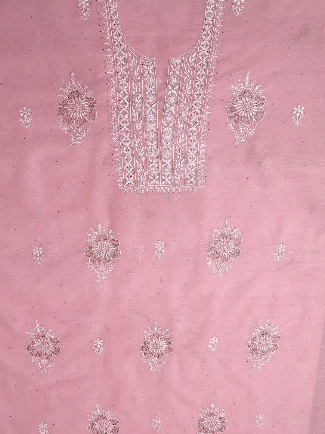 Ada Hand Embroidered Pink Chanderi Lucknowi Chikankari Unstitched Kurta Dupatta Set With Mukaish Work 01A464136