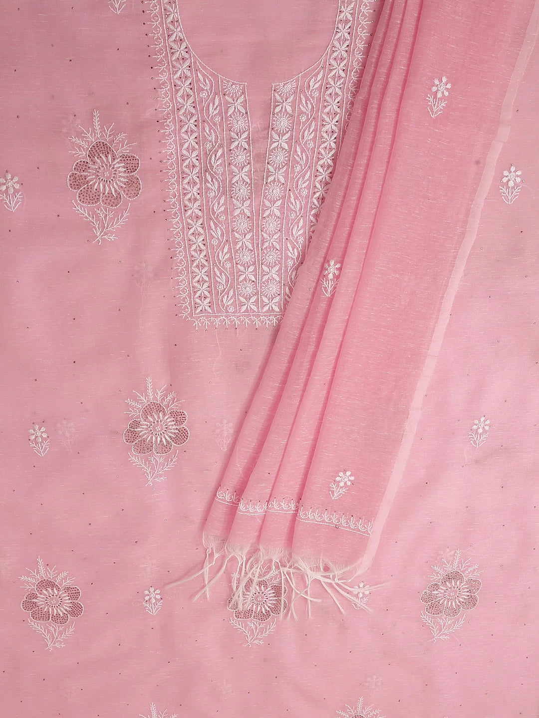 Ada Hand Embroidered Pink Chanderi Lucknowi Chikankari Unstitched Kurta Dupatta Set With Mukaish Work 01A464136