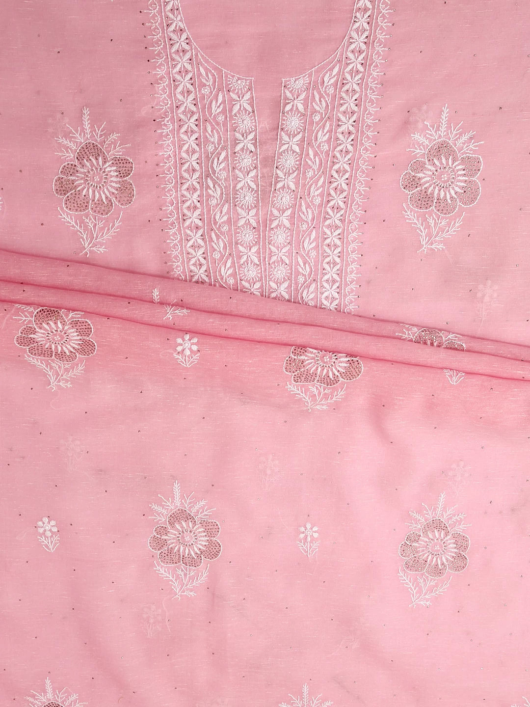 Ada Hand Embroidered Pink Chanderi Lucknowi Chikankari Unstitched Kurta Dupatta Set With Mukaish Work 01A464136