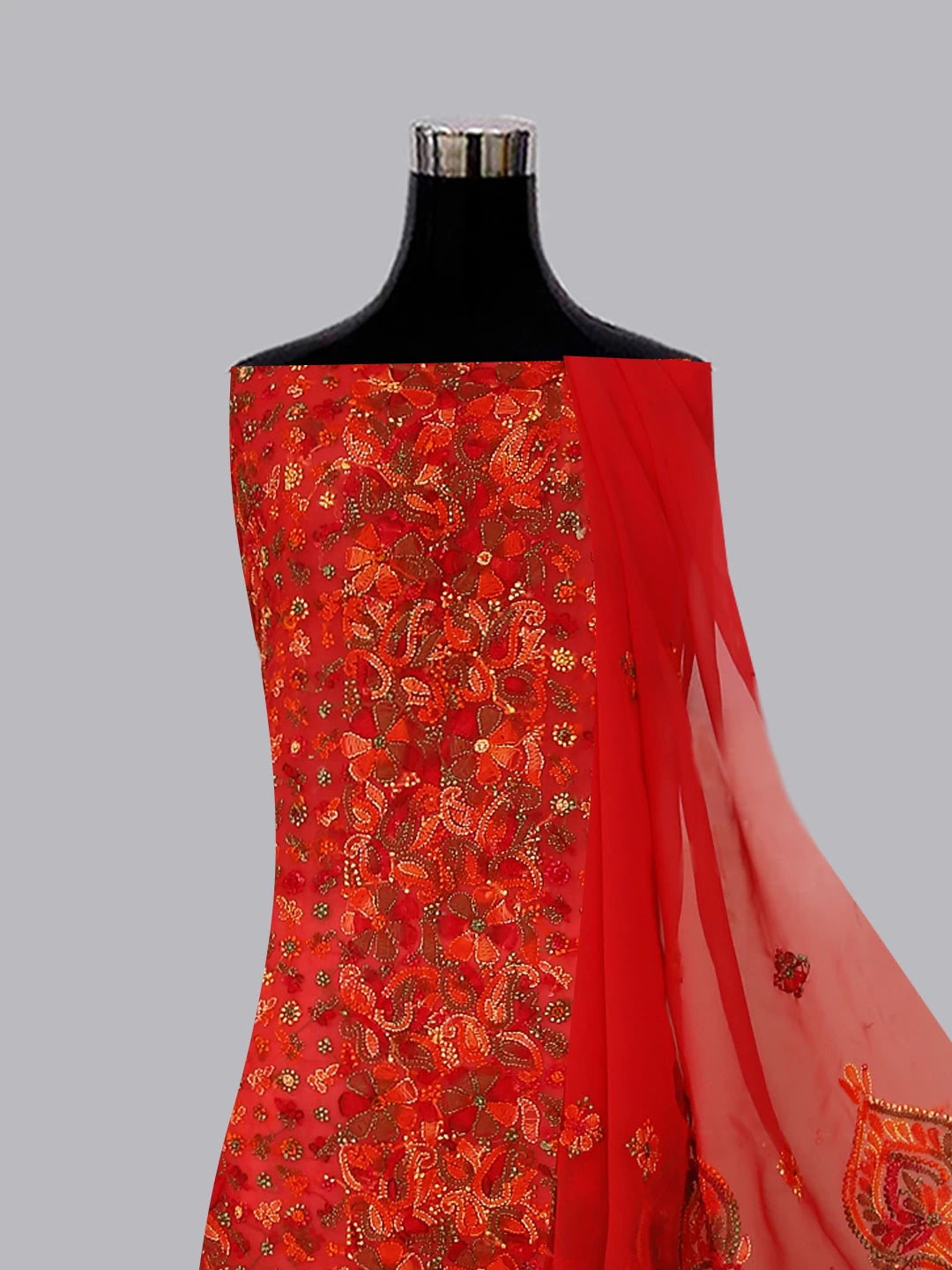 Ada Hand Embroidered Blush Red Georgette Lucknowi Chikan Unstitched Suit Piece 01A456034