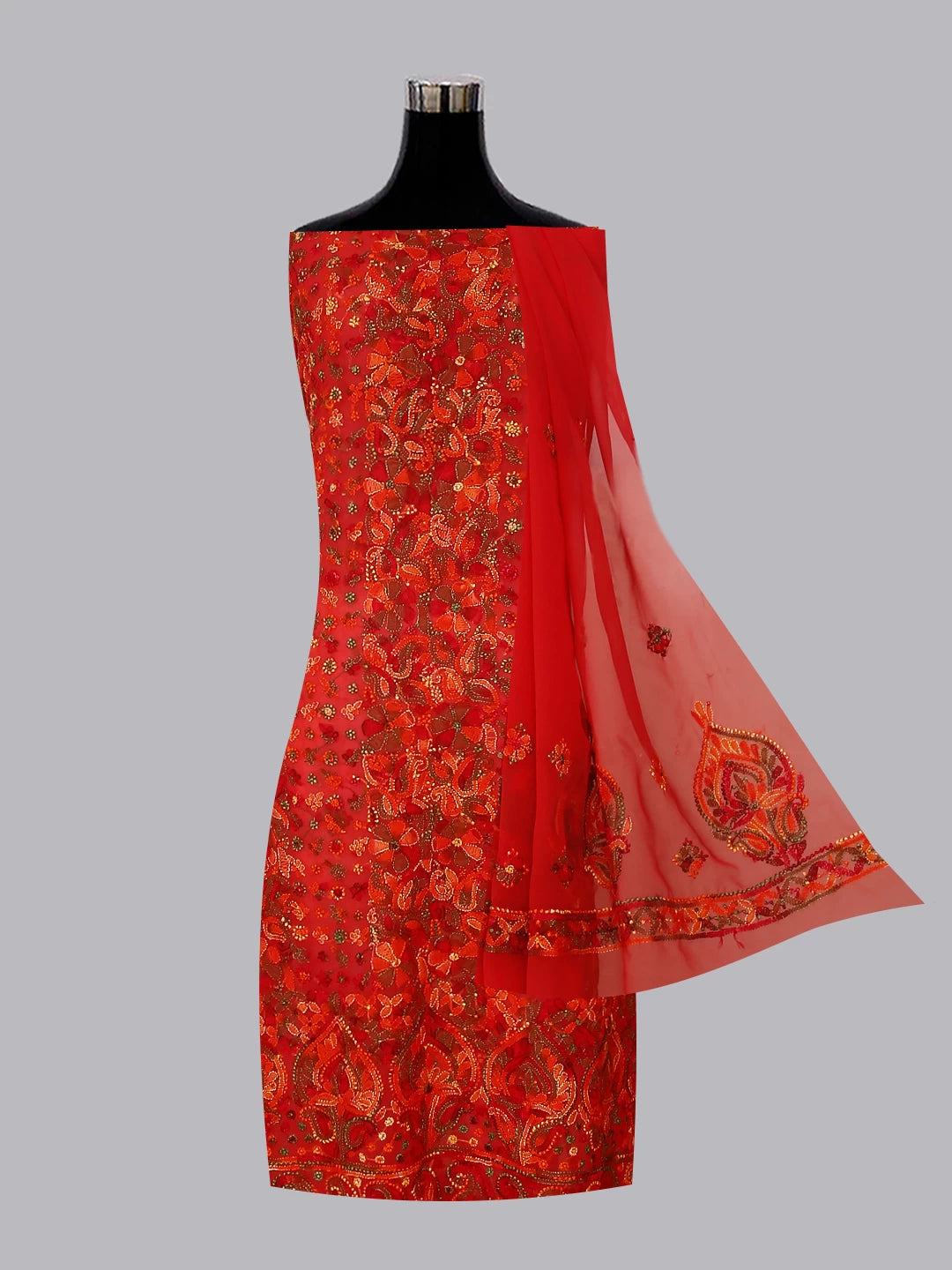 Ada Hand Embroidered Blush Red Georgette Lucknowi Chikan Unstitched Suit Piece 01A456034