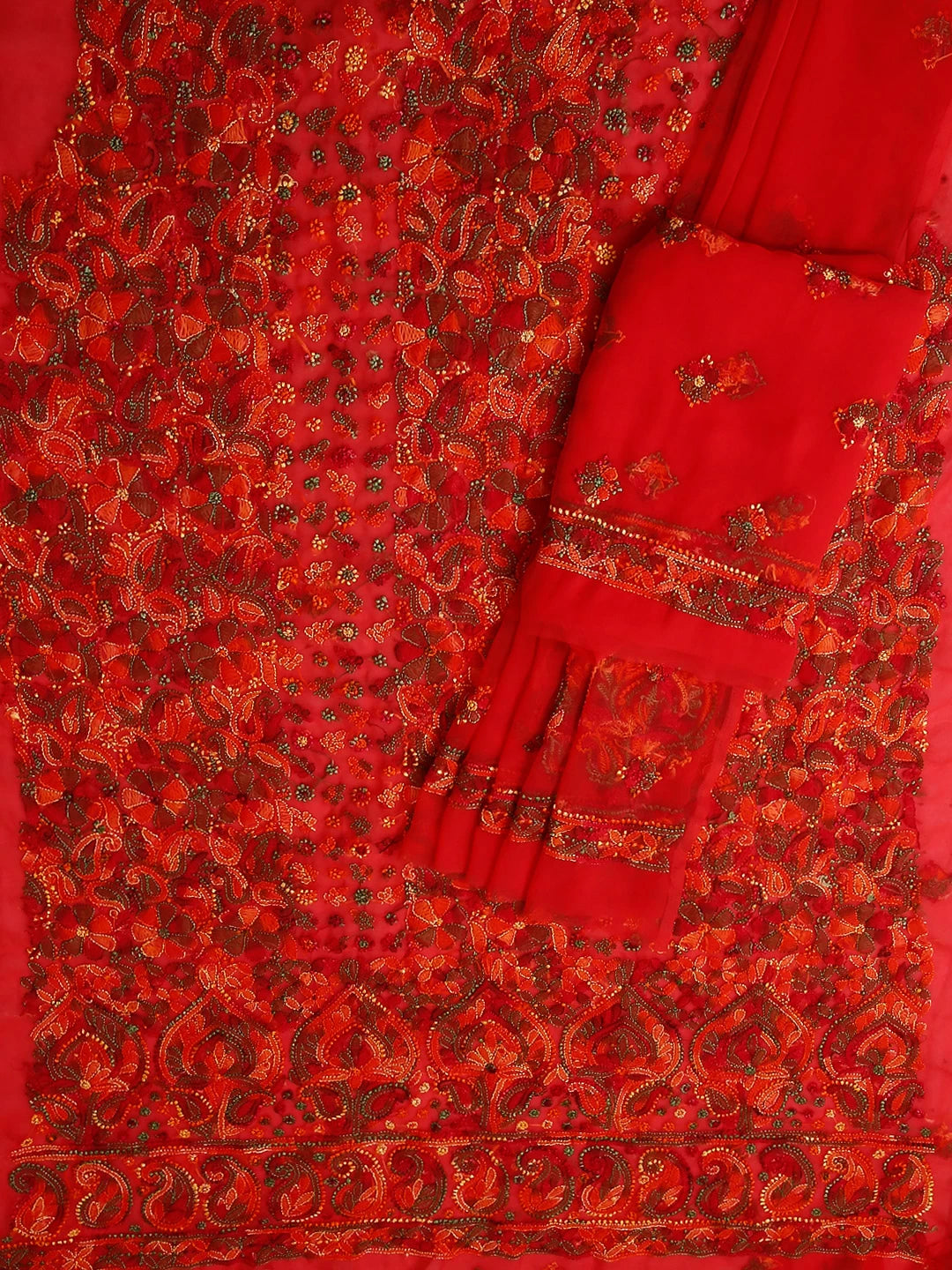 Ada Hand Embroidered Blush Red Georgette Lucknowi Chikan Unstitched Suit Piece 01A456034