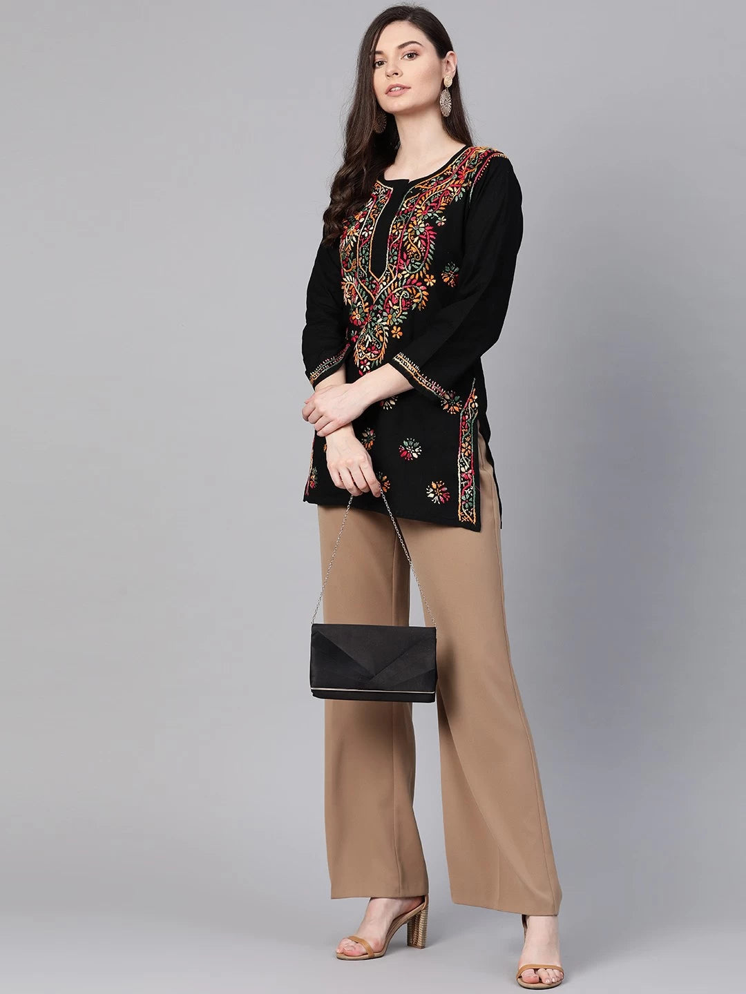 Ada Hand Embroidered Black Cotton Lucknowi Chikankari Straight Kurti A100386