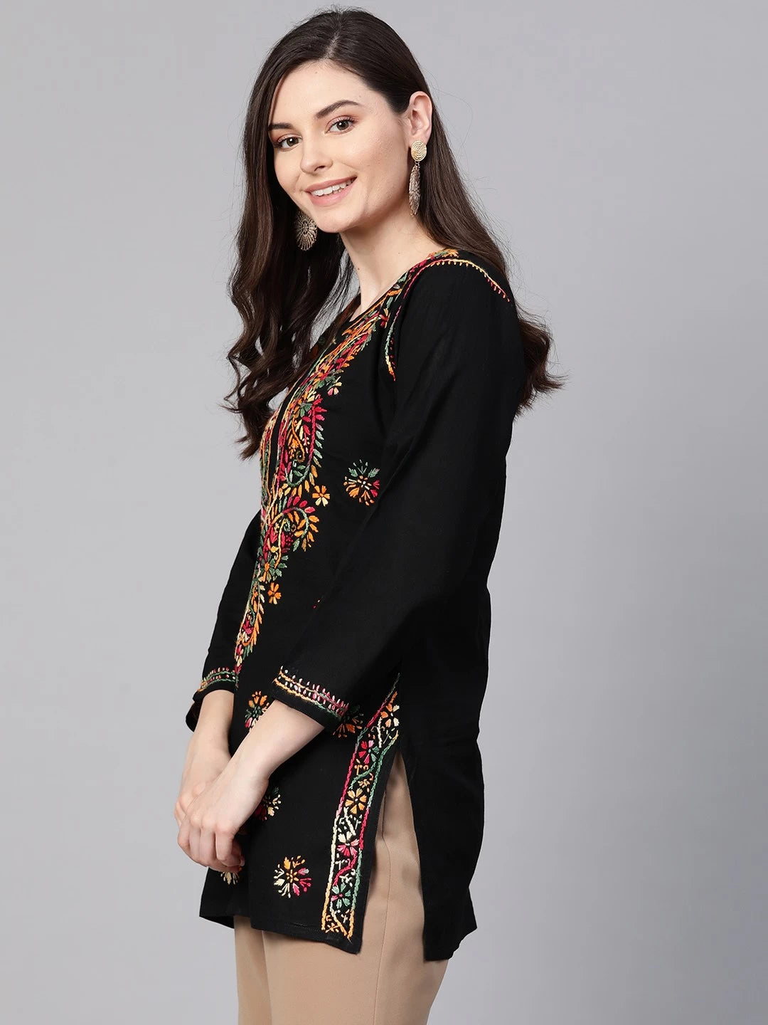 Ada Hand Embroidered Black Cotton Lucknowi Chikankari Straight Kurti A100386