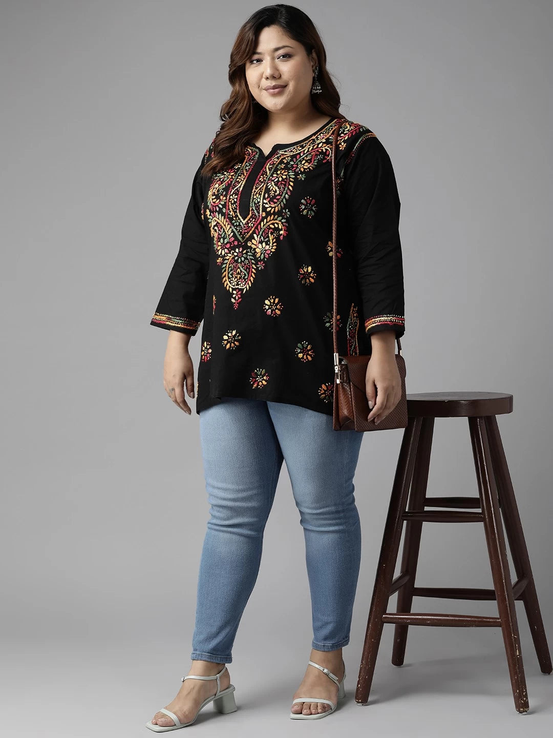 Ada Hand Embroidered Black Cotton Lucknowi Chikankari Straight Kurti A100386
