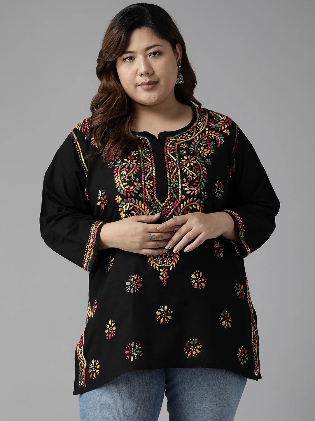 Ada Hand Embroidered Black Cotton Lucknowi Chikankari Straight Kurti A100386
