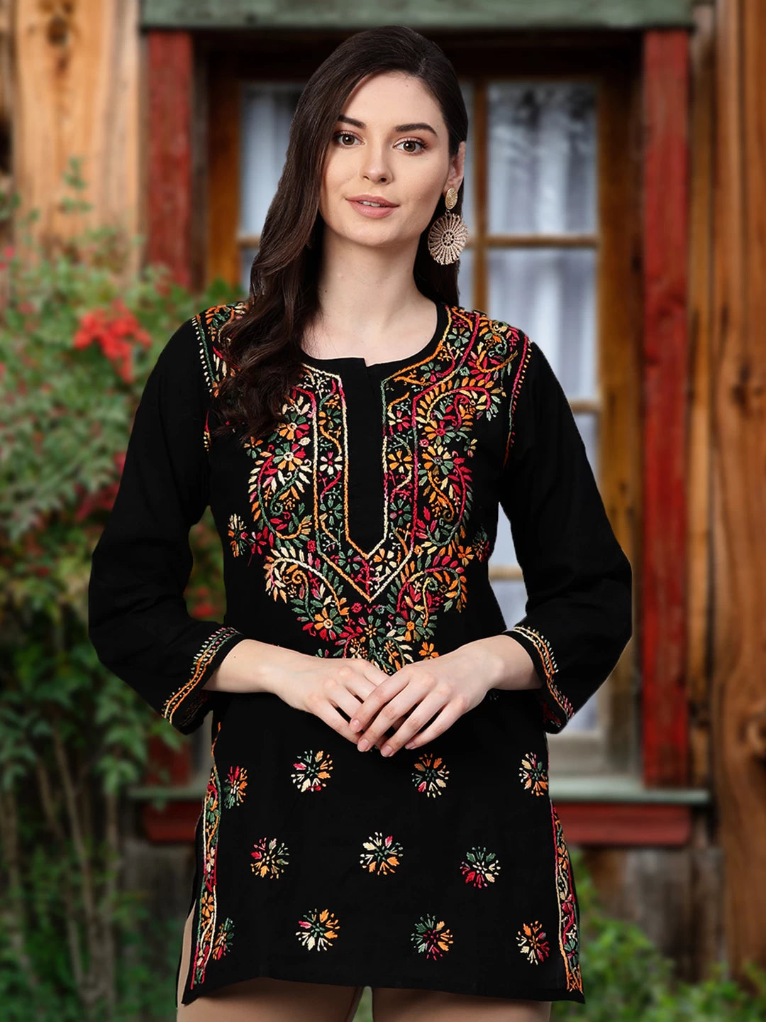 Ada Hand Embroidered Black Cotton Lucknowi Chikankari Straight Kurti A100386