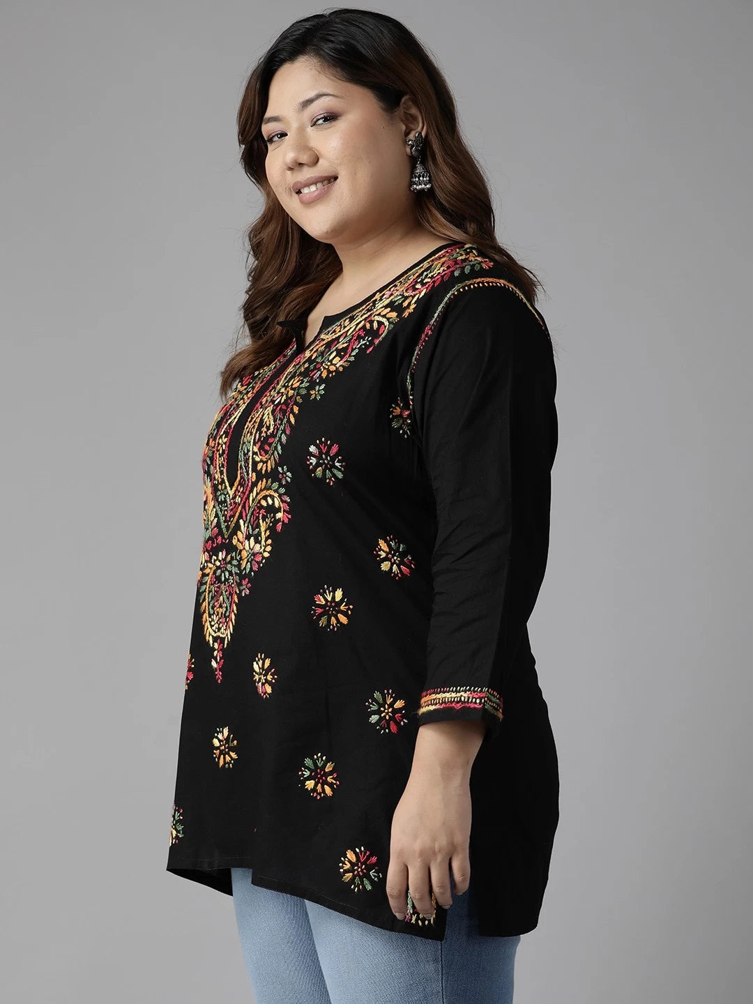 Ada Hand Embroidered Black Cotton Lucknowi Chikankari Straight Kurti A100386