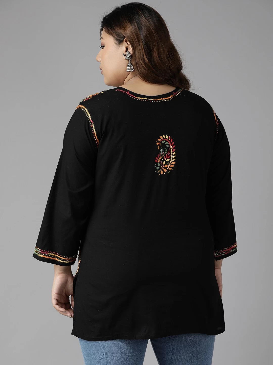 Ada Hand Embroidered Black Cotton Lucknowi Chikankari Straight Kurti A100386