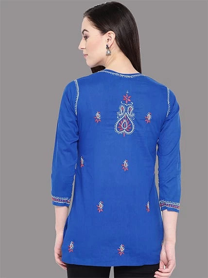 Ada Hand Embroidered Royal Blue Cotton Lucknowi Chikankari Straight Kurti A100239