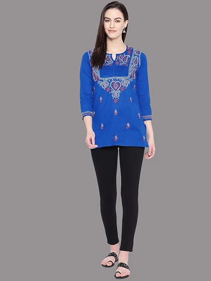 Ada Hand Embroidered Royal Blue Cotton Lucknowi Chikankari Straight Kurti A100239