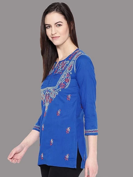 Ada Hand Embroidered Royal Blue Cotton Lucknowi Chikankari Straight Kurti A100239