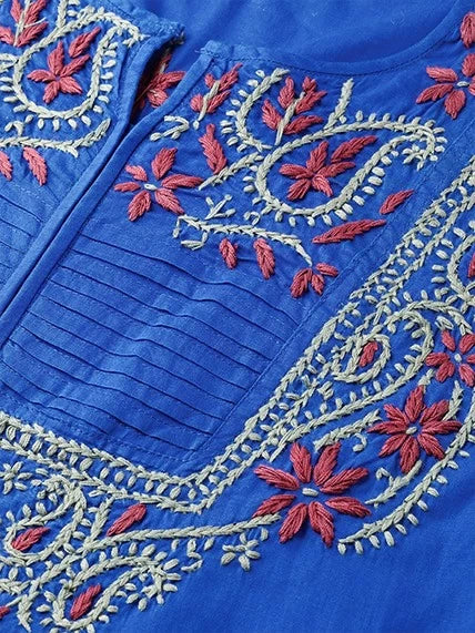 Ada Hand Embroidered Royal Blue Cotton Lucknowi Chikankari Straight Kurti A100239